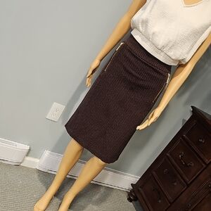 Michael Kors Dark Brown Textured Pencil Skirt with Gold Zipper Accents